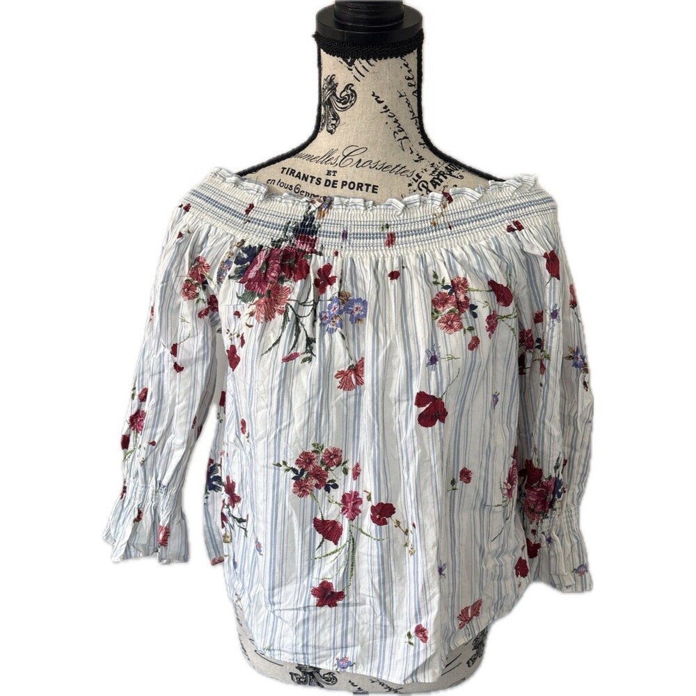 Zara Floral Off The Shoulders Blouse Button Up Backside Size XS Boho Cottage